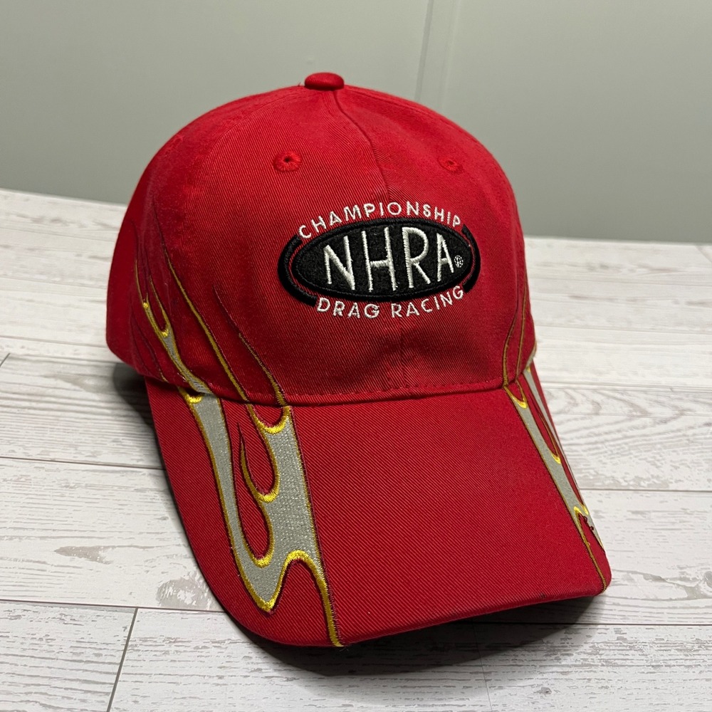 NHRA‎ Championship Drag Racing Hat Mens Red Flame Embroidered Adjustable Cap